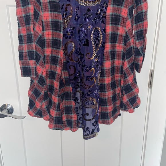 Aratta Silent Journey Womens Top Sz Medium Plaid Mixed Media Velvet Burnout - Picture 11 of 14